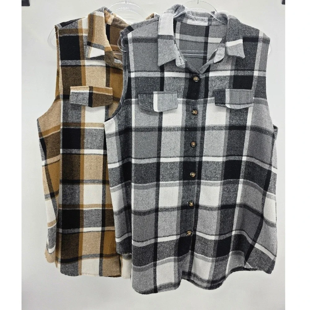 Women Sz 3X Plaid Vests Black & Brown Plaid Button Up‎ Flannel Bundle Layering